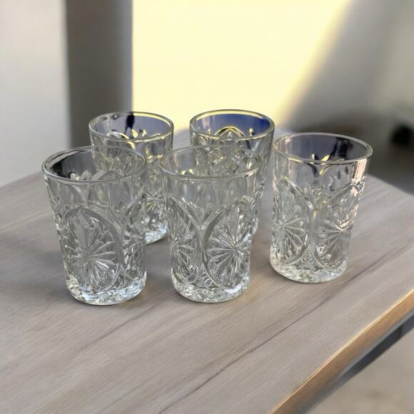 5 Vintage 3.5" Tumblers Antique Indiana Glass Oval Star Clear Juice Pressed - Picture 1 of 7